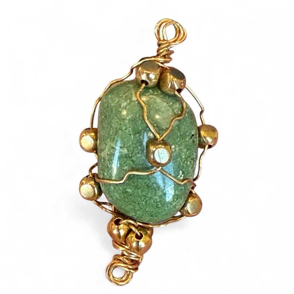 Wire Wrapped Raw Green Chrysoprase Stone Pendant Gold Plated Wire Wrapping